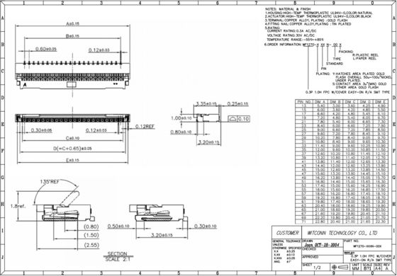 Height 1.0mm FPC To Wire Connector 0.3mm Pitch FPC Smt Connector