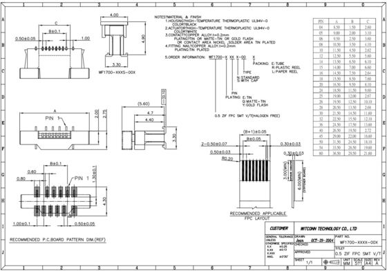 SMT Vertical FPC Connector 50 Pin 0.5mm Pitch 5.6mm Height With Cover